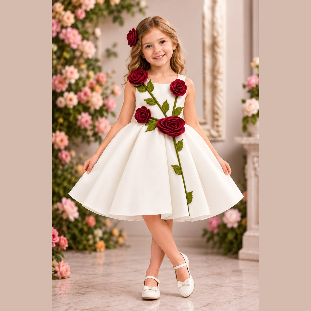 Crimson Vine Elegance Ivory Party Frock with 3D Roses