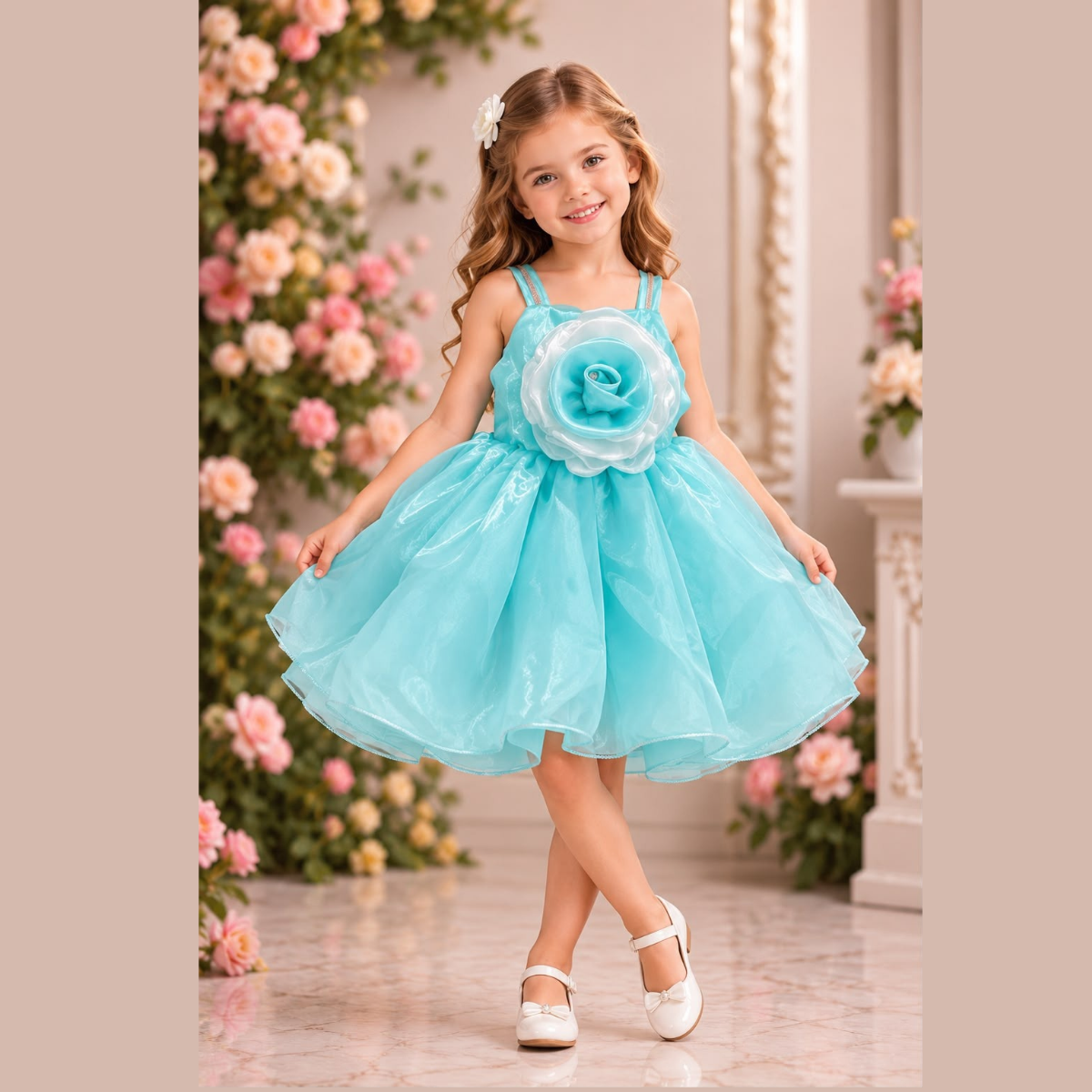 Girls Turquoise Blue Flared Dress with Oversized Floral Applique