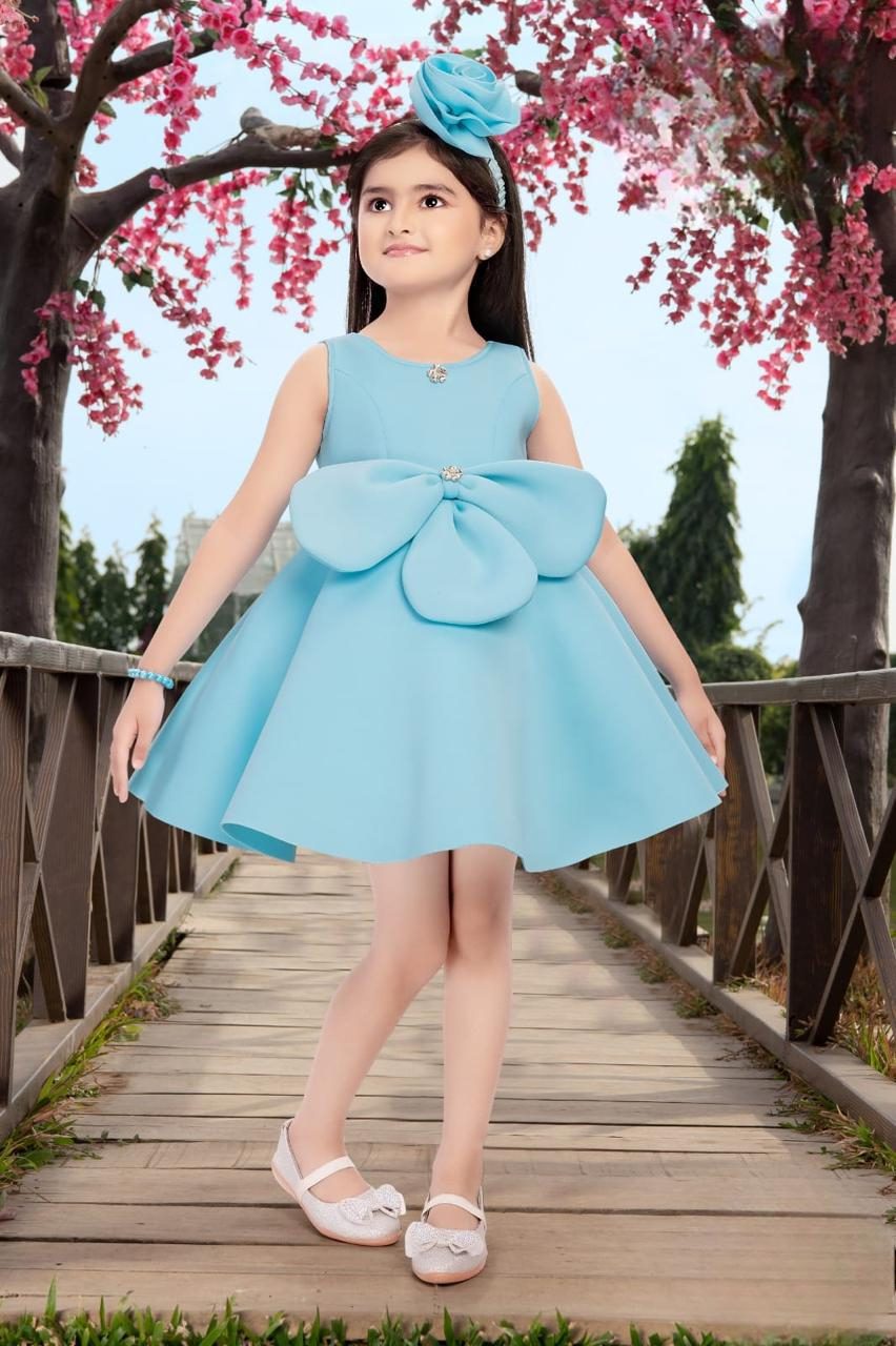 Elegant Skyblue Flower Party Frock with 3D Floral Appliqué for Girls