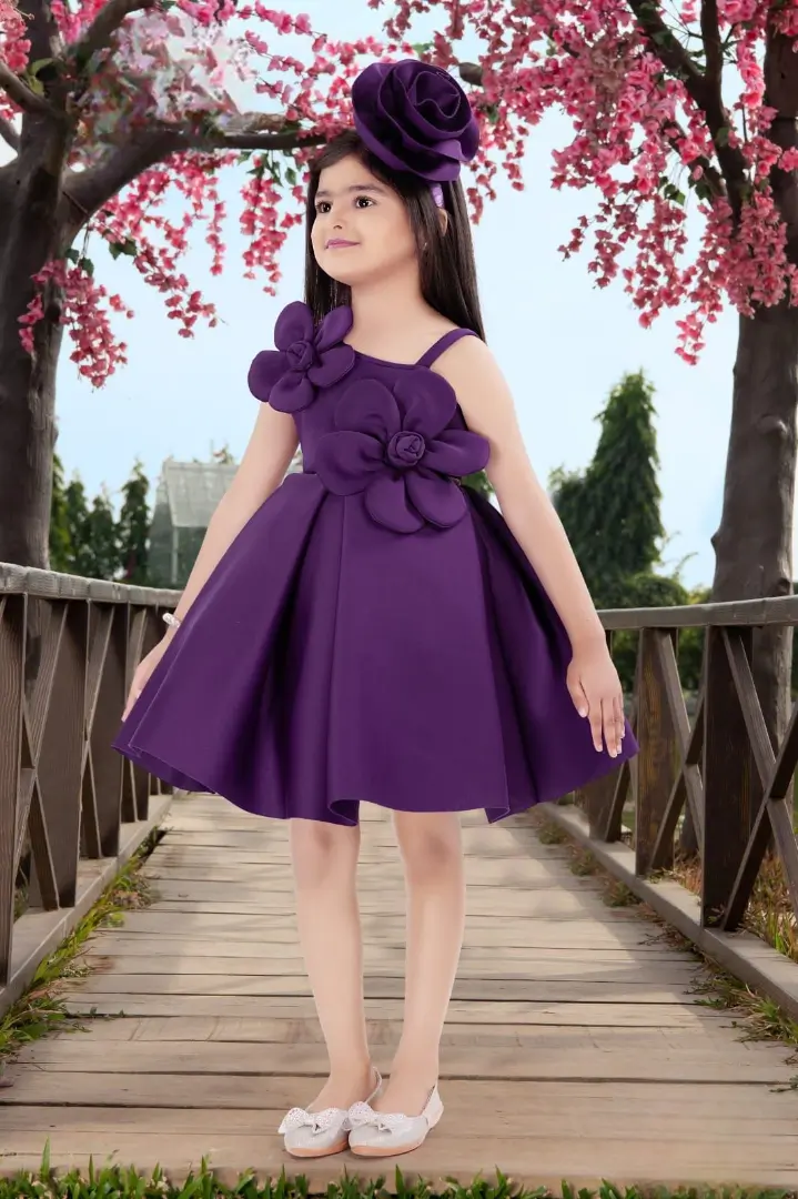 Elegant purple flower party frock with 3D floral applique for girls