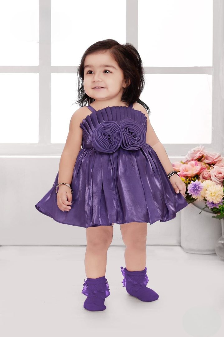 Purple Satin Party Wear Frock Embellished With Bow For Girls