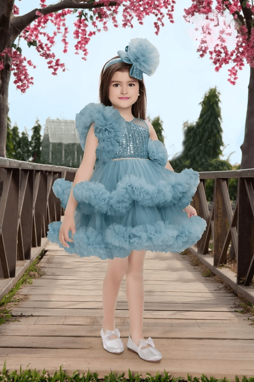 Blue Layered Party Frock with Ruffled Net Sleeves and Floral Detailing for Girls
