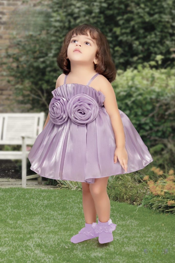 Purple satin Double Bow-Flower Party Frock