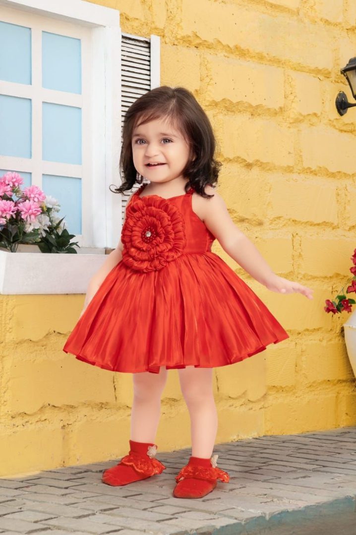 Red satin Double Bow-Flower Party Frock