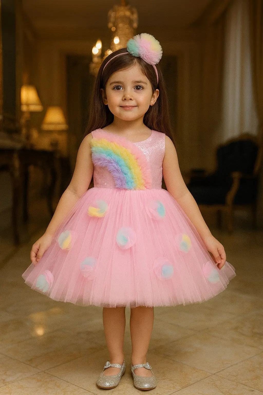 Baby Pink Net Frock With Rainbow Pattern Ruffle Design For Girls