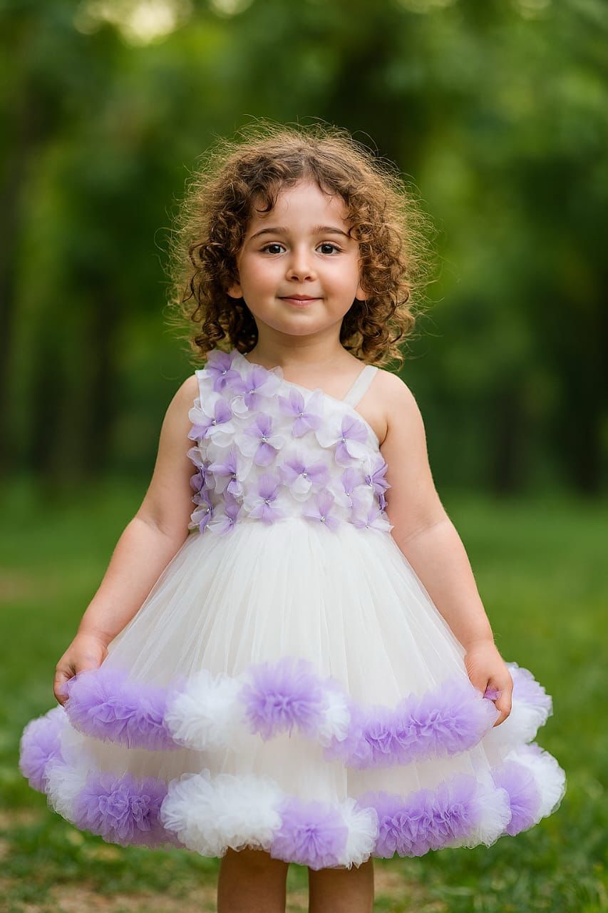 Lavender & White Floral Tulle Party Dress for Girls