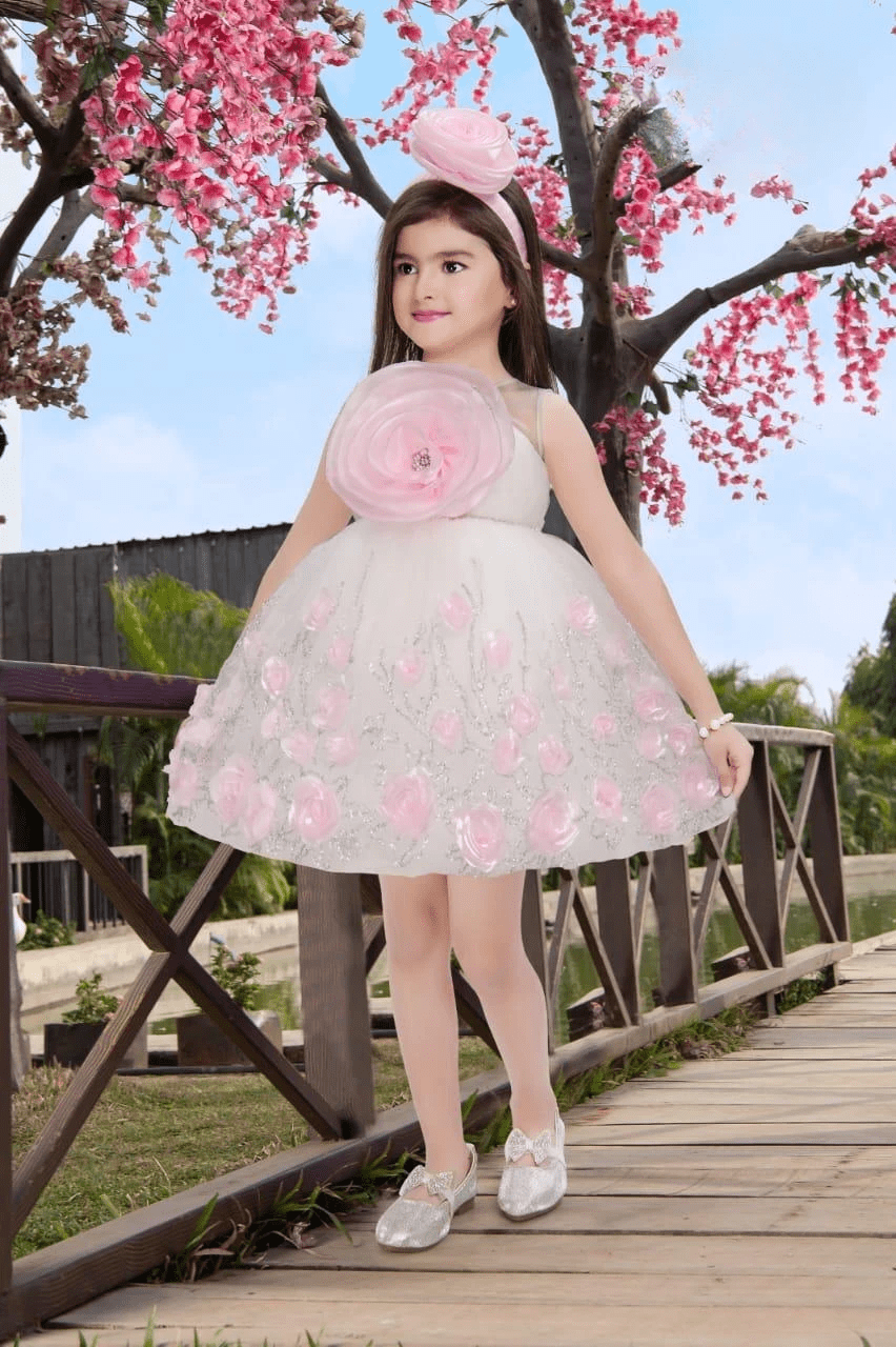 Elegant White and Baby pink Flower Party Frock with 3D Floral Appliqué for Girls