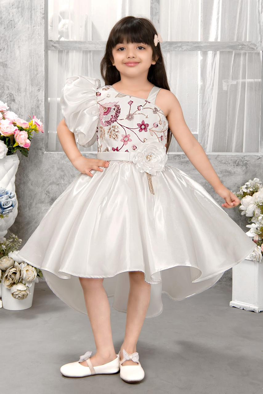 Pearl Shine One-Shoulder Party Dress with Floral Embroidery for Girls
