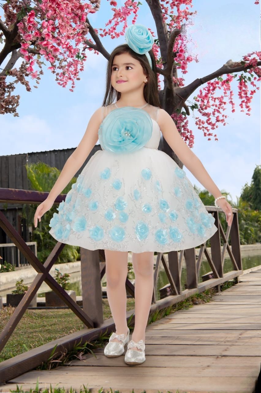 Elegant White and sky blue Flower Party Frock with 3D Floral Appliqué for Girls