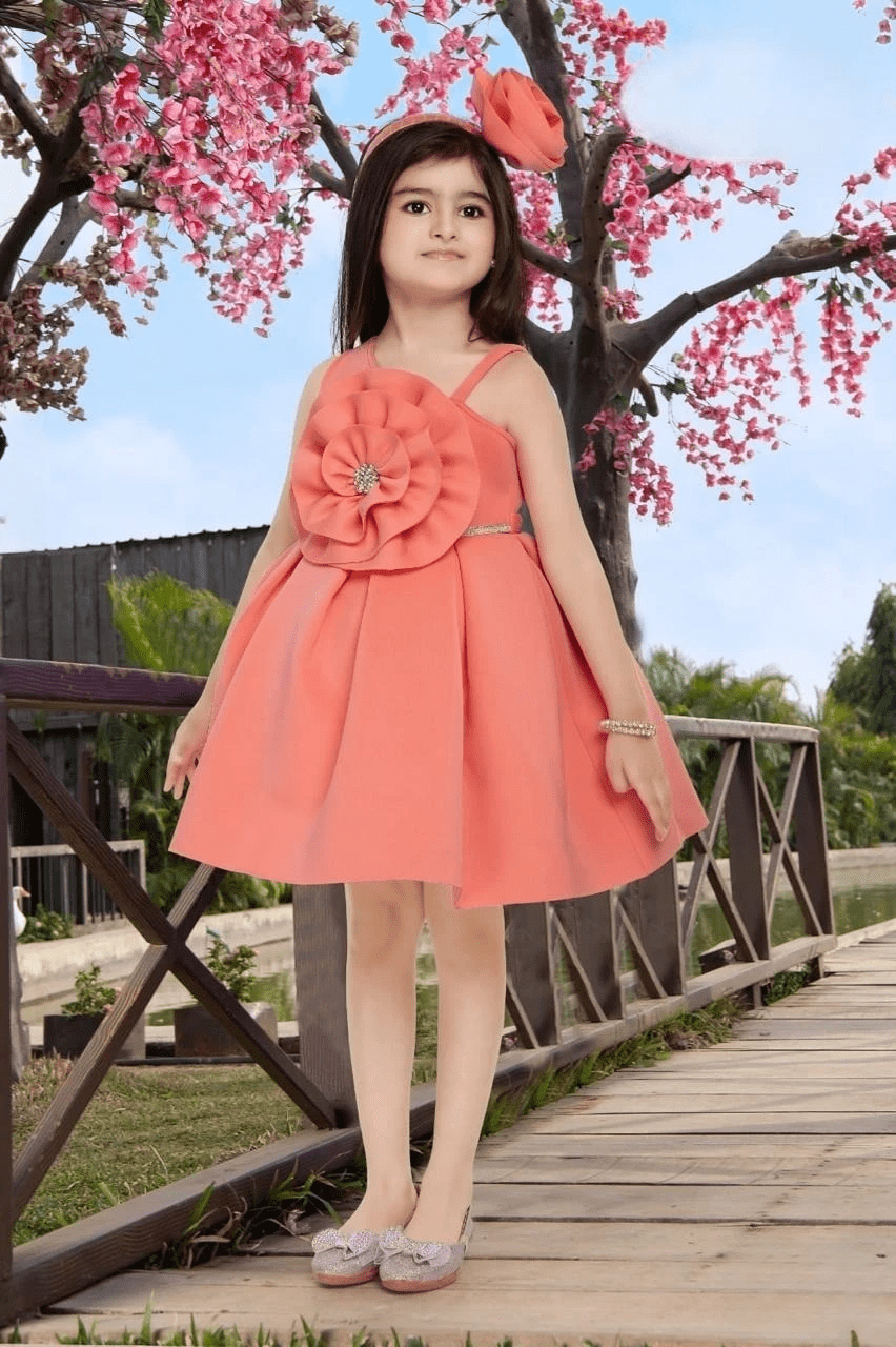 Elegant Coral Party Wear Frock for Girls with Oversized Rosette, Sparkling Waistband, and Cascading Tulle Ruffles for Birthday Parties and Special Occasions
