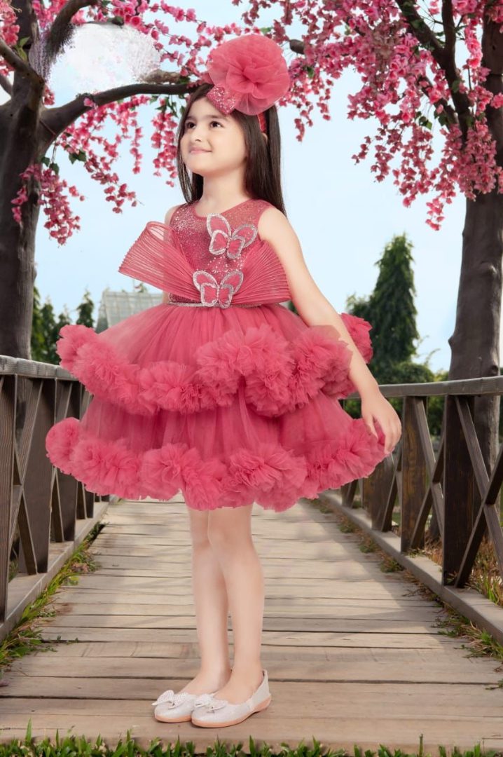 Pink Party Wear Frock for Girls with Butterfly Embellishments, Puffy Tulle Skirt,