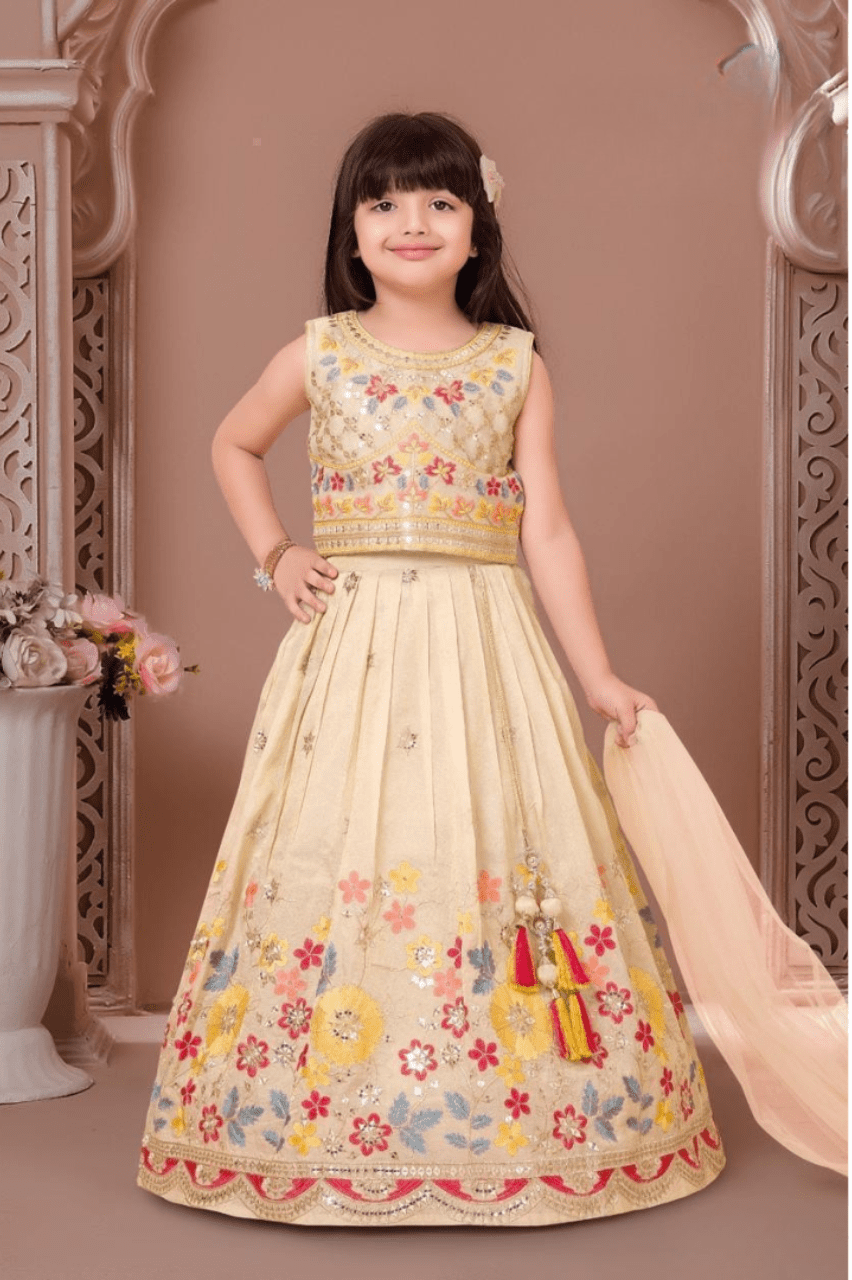 Cream Sequins, Mirror, Beads and Zari work Lehenga Choli for Girls
