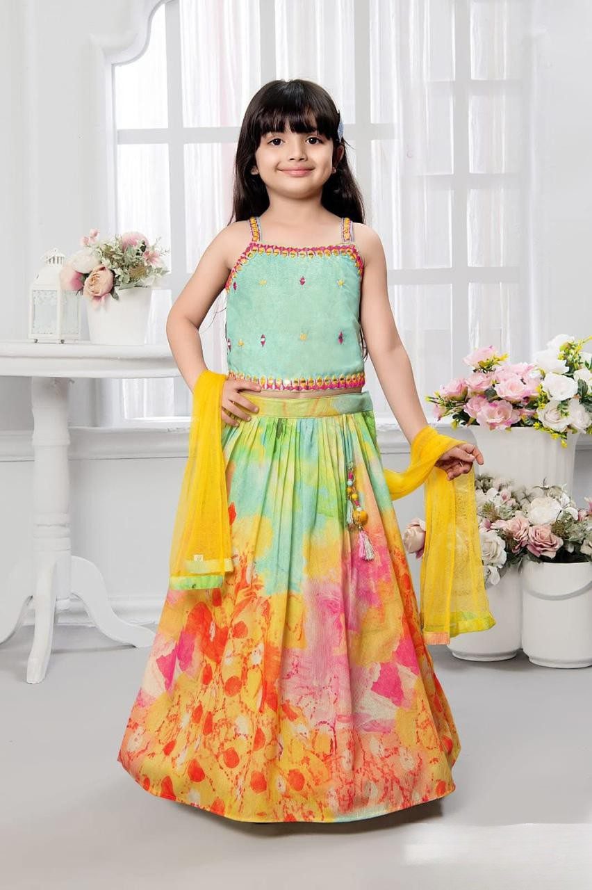 Girls Green Printed Lehenga Choli Set with Dupatta