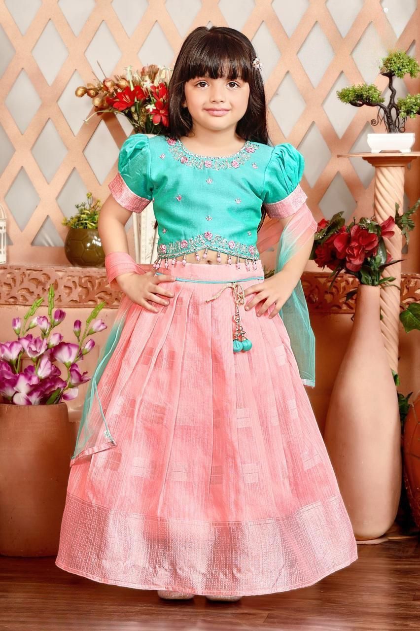 Baby Pink And Skyblue Floral Print And Traditional Patchwork Lehenga Choli For Girls
