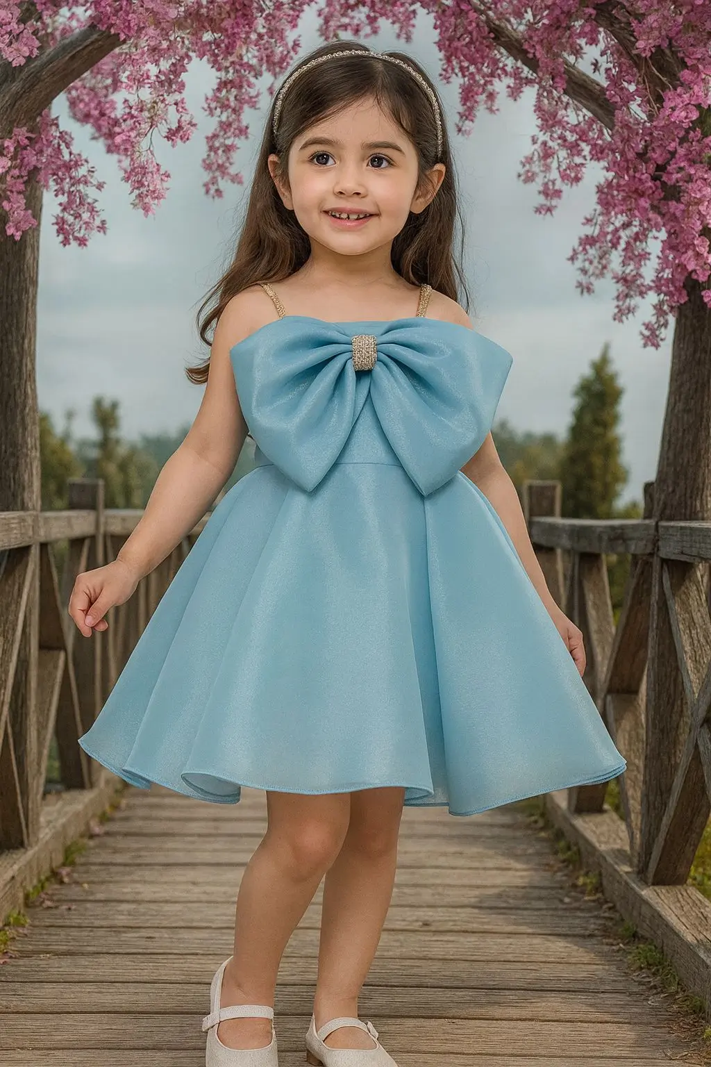 Elegant Blue Kids Pleather Dress with Bow
