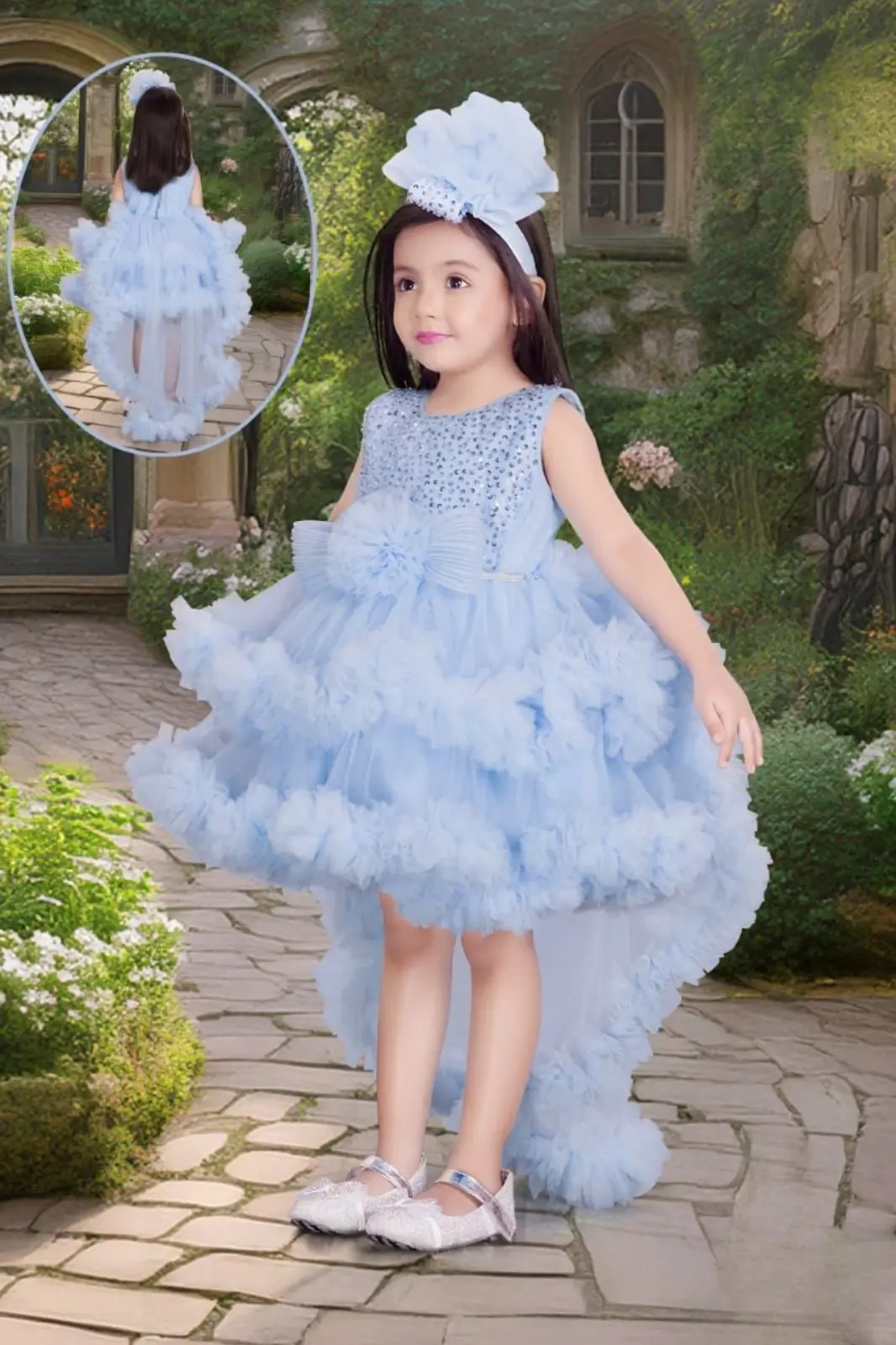 Blue Shimmer Net Tailback Frock with Floral Embellishment for Girls || Stylish Floral Embellished Tailback Party Frock