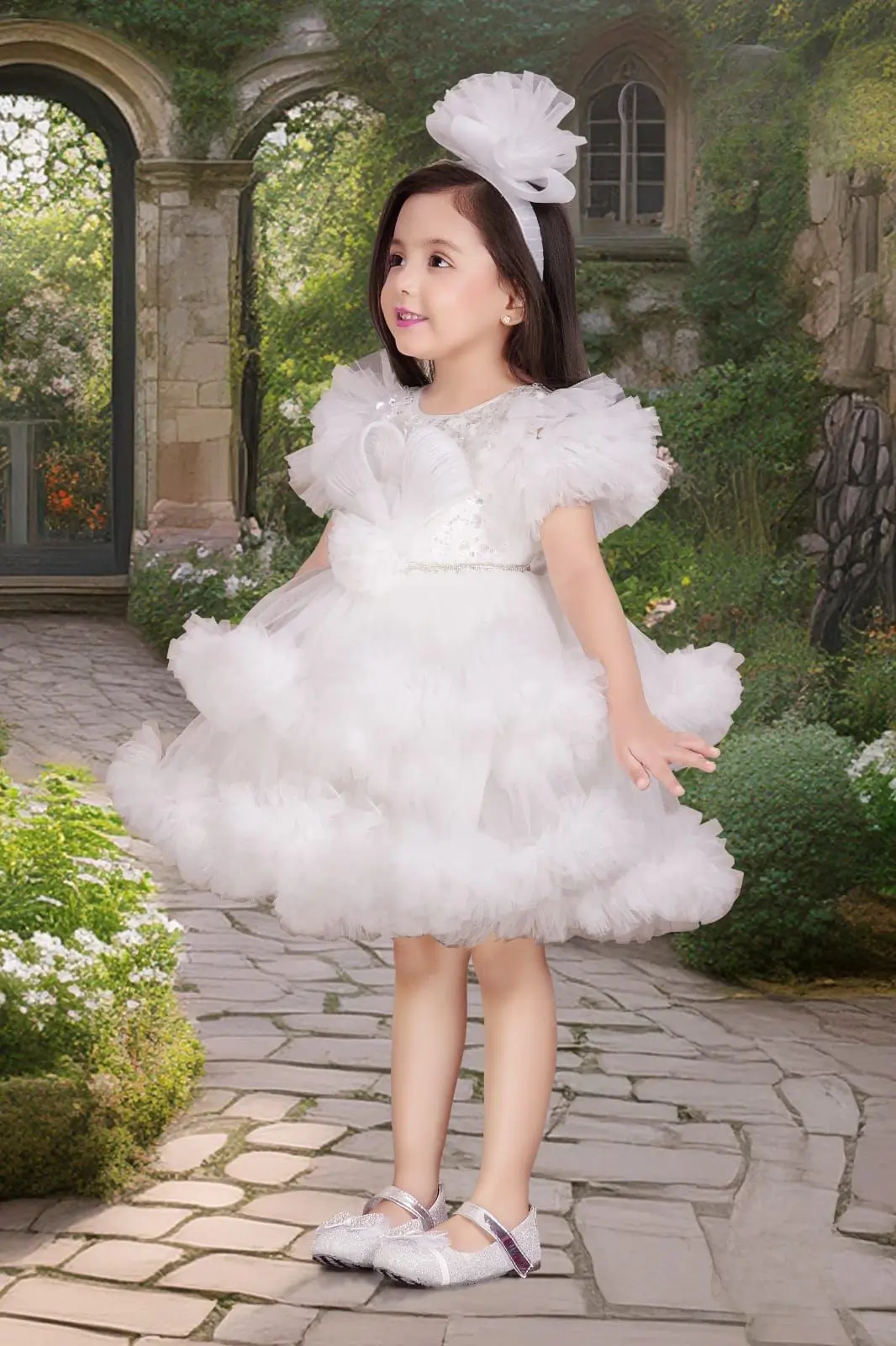 Girls' White Sleeveless Pearl Embellished Dress with Bow Tie