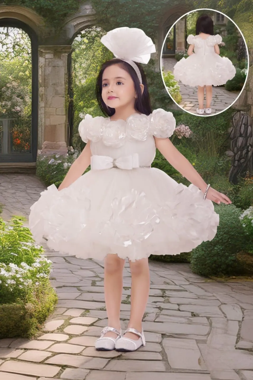 Elegant White Satin Frock With Bow Style  Girls