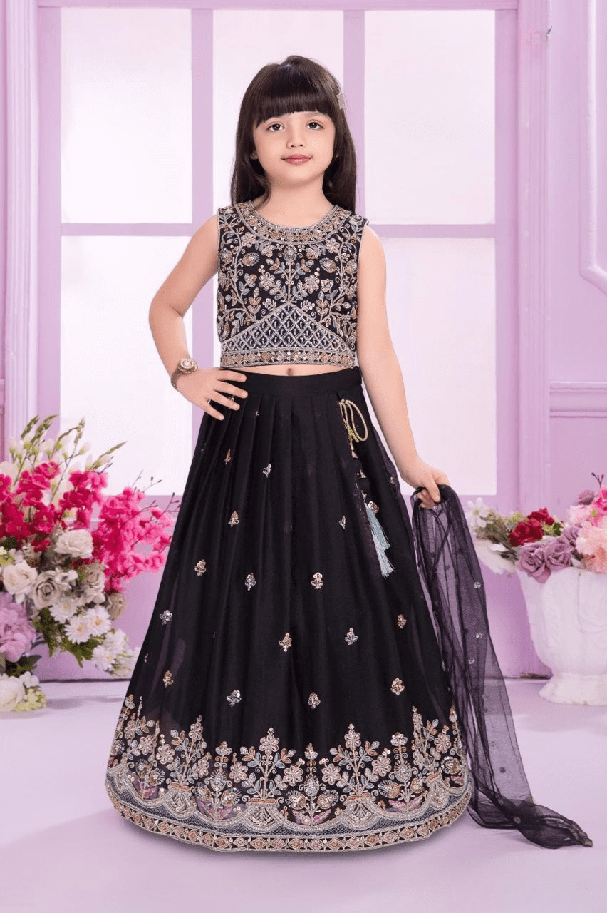 Elegant Black Embroidered Lehenga Choli with Dupatta For Girls