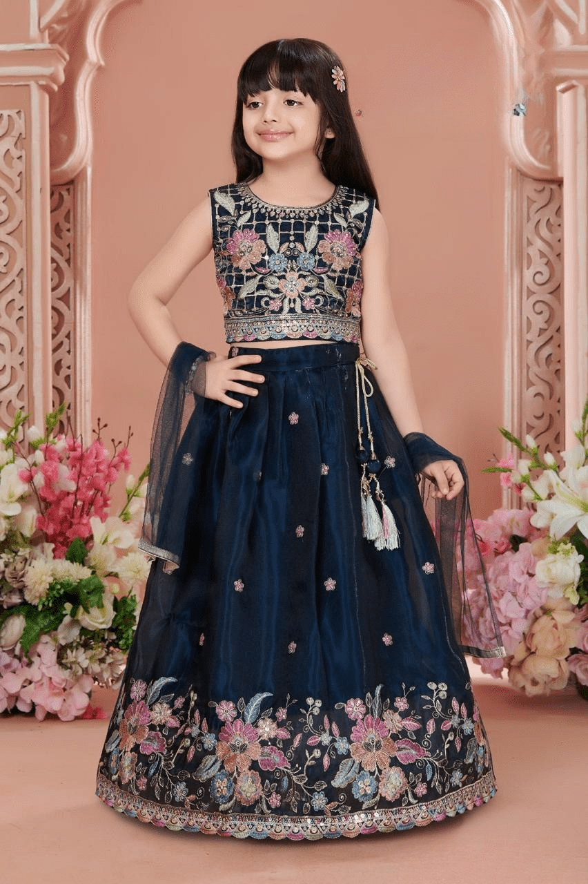 Girls Embroidered Sequinned Square Neck Silk Chiffon Ready to Wear Lehenga Choli