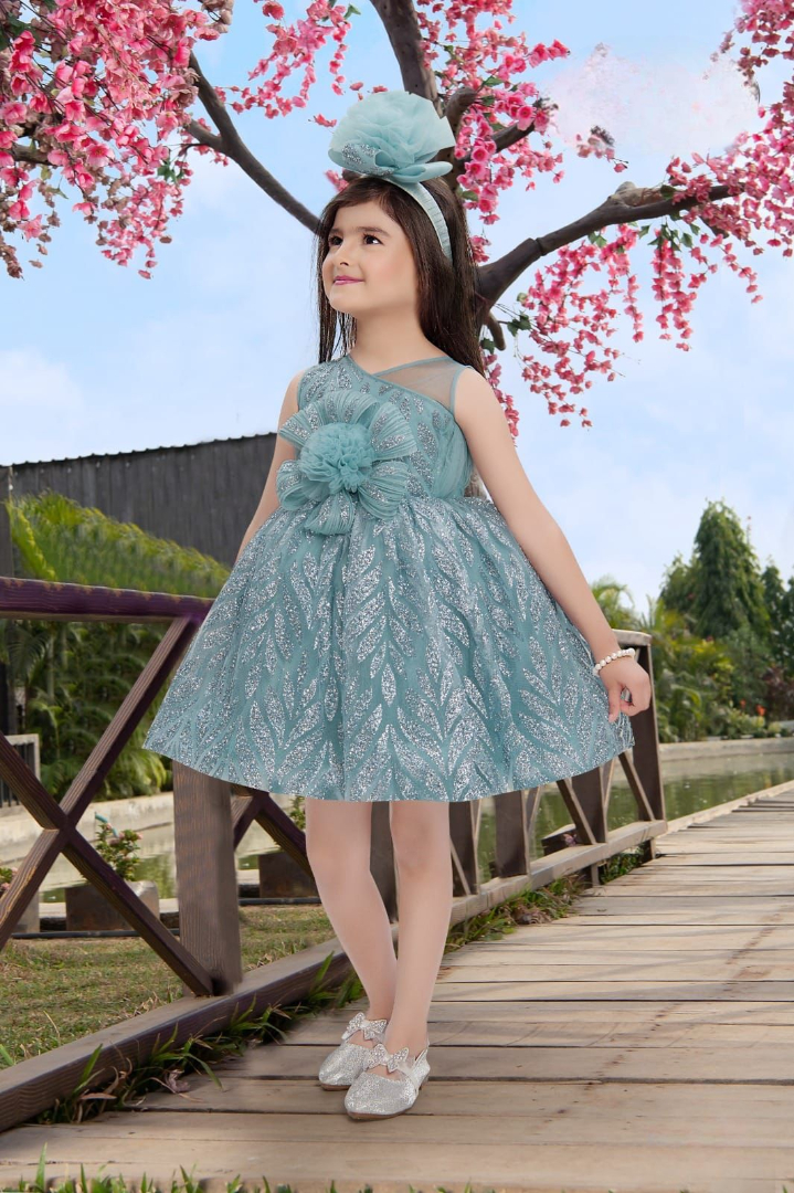 Aqua Blue Party Wear Frock for Girls with Flower Embellishment, Glittery Detailing