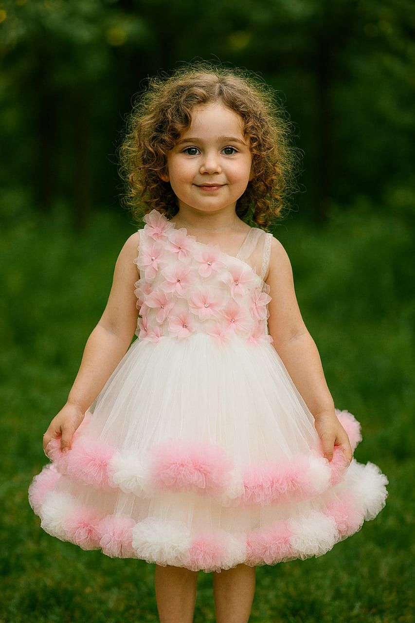 Baby Pink & White Floral Tulle Party Dress for Girls