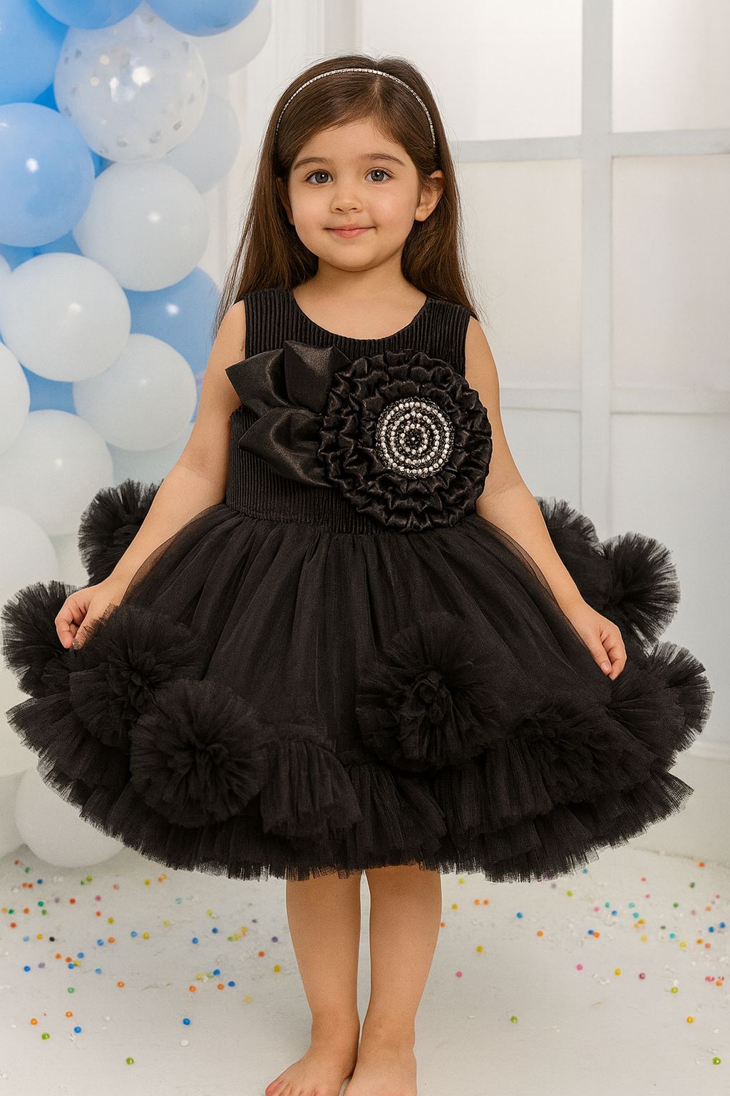 Elegant Black Dress with Floral Detailing | Stylish Tailback Design