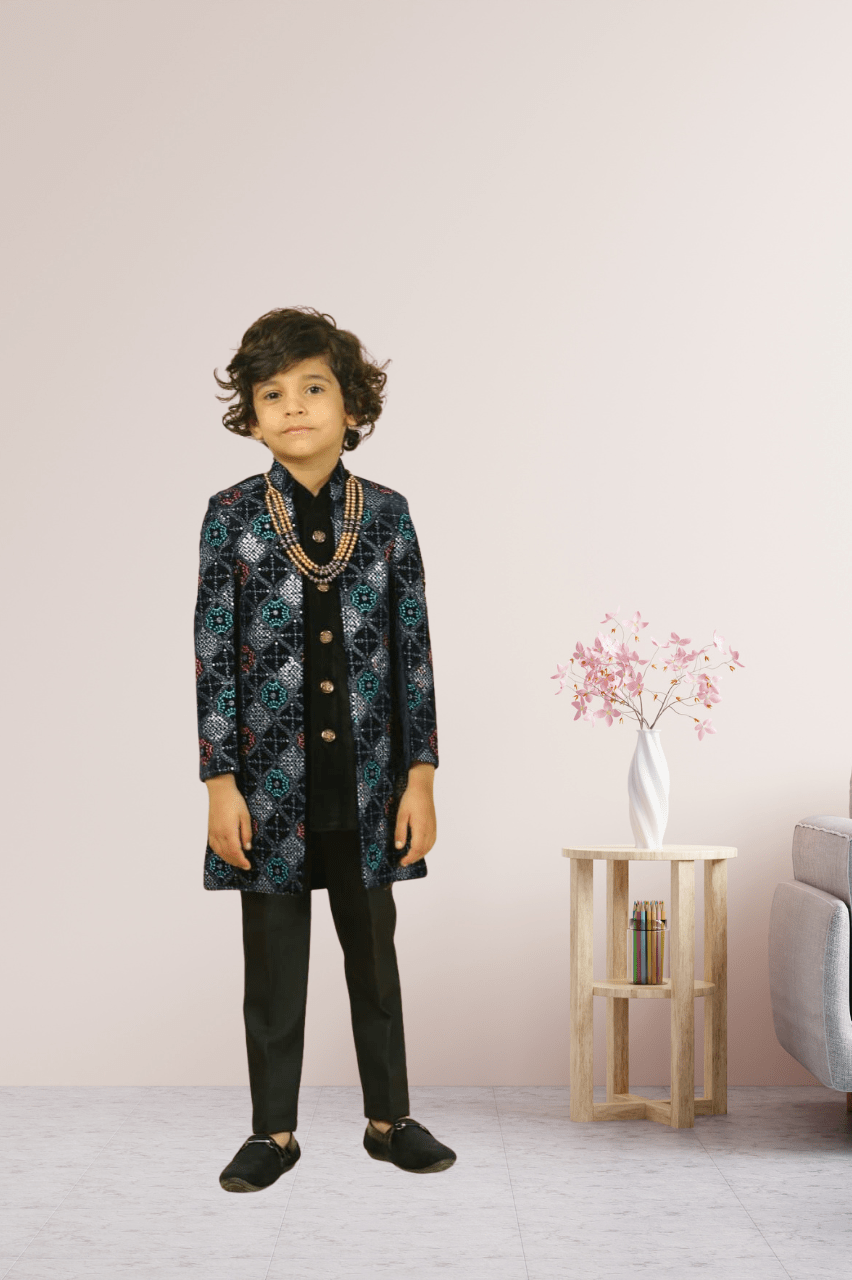 Boys  Blue Embroidered Indo Western Set with Sequin Work