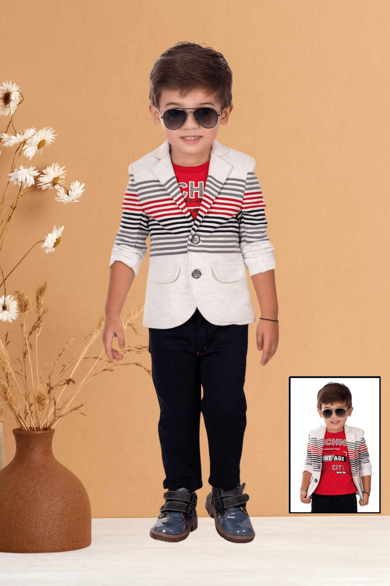 Soft Cotton  With T-shirt & Striped Coat Full Pant - Black