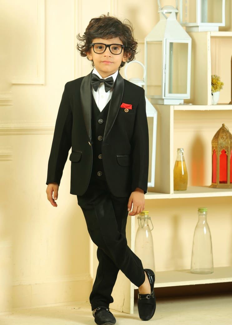 Black Tuxedo With Black Pant Waistcoat Set For Boys