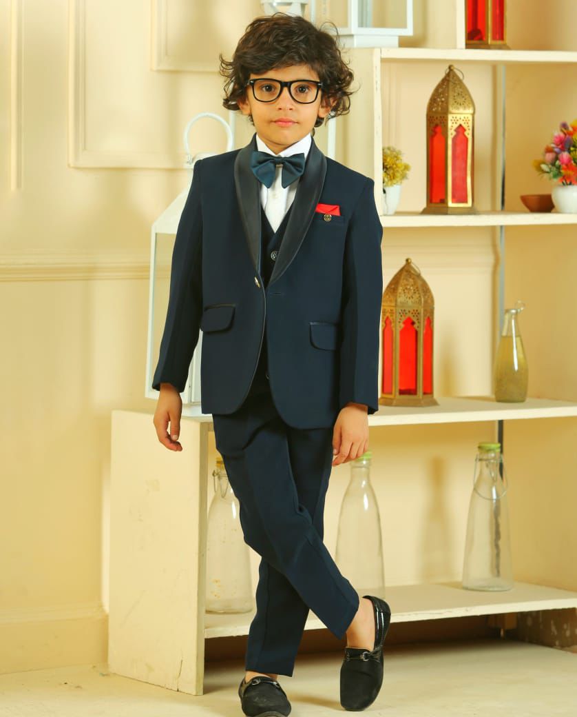 Blue Work Tuxedo With Pant And Waistcoat Set For Boys