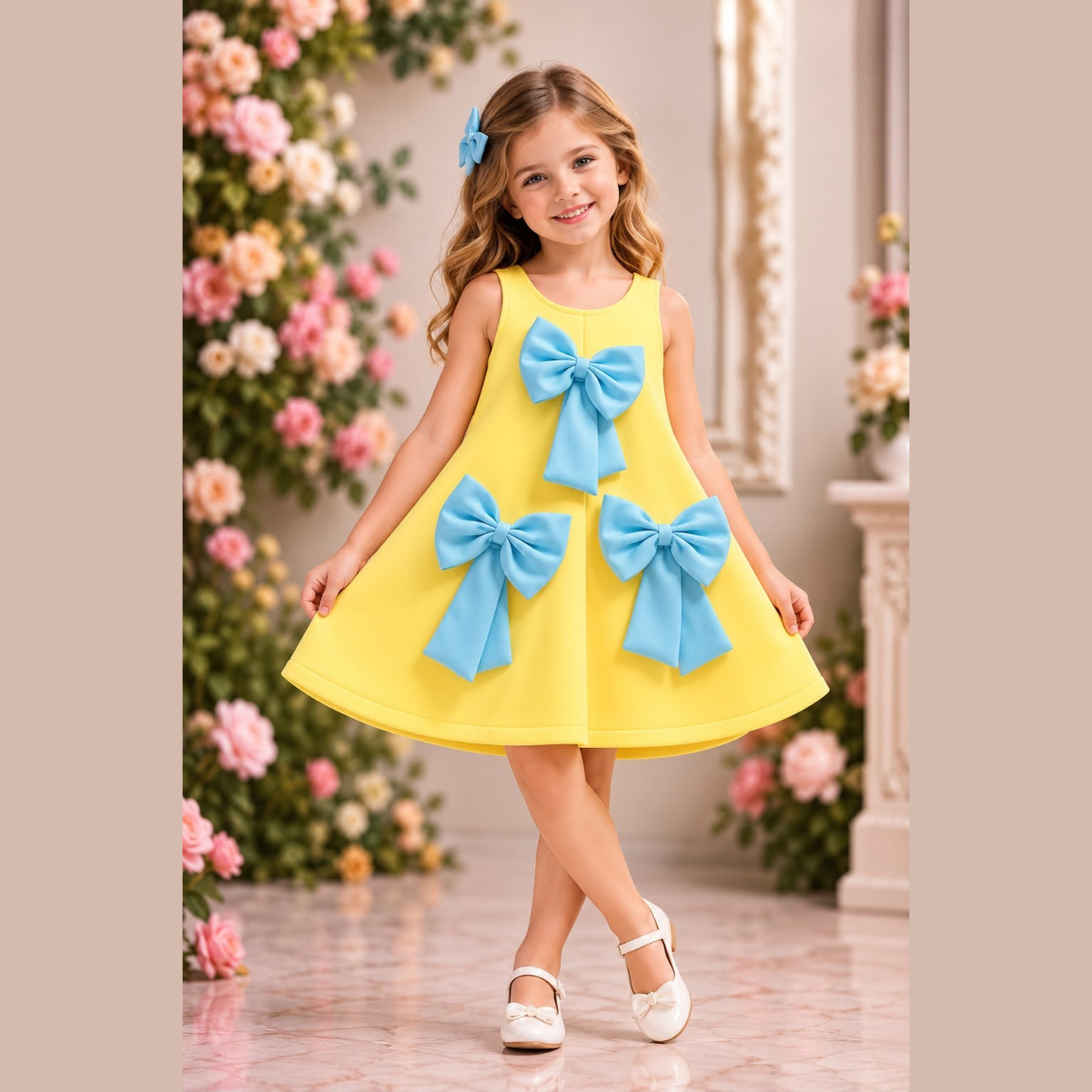 Girls Bright Yellow Dress with Contrast Sky Blue 3D Bows