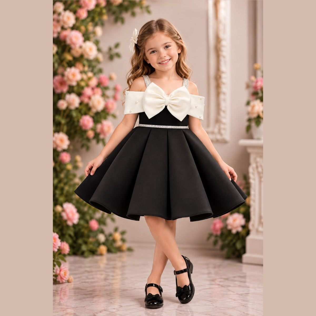 Girls Elegant Black & White Satin Dress with Rhinestone Waist Belt