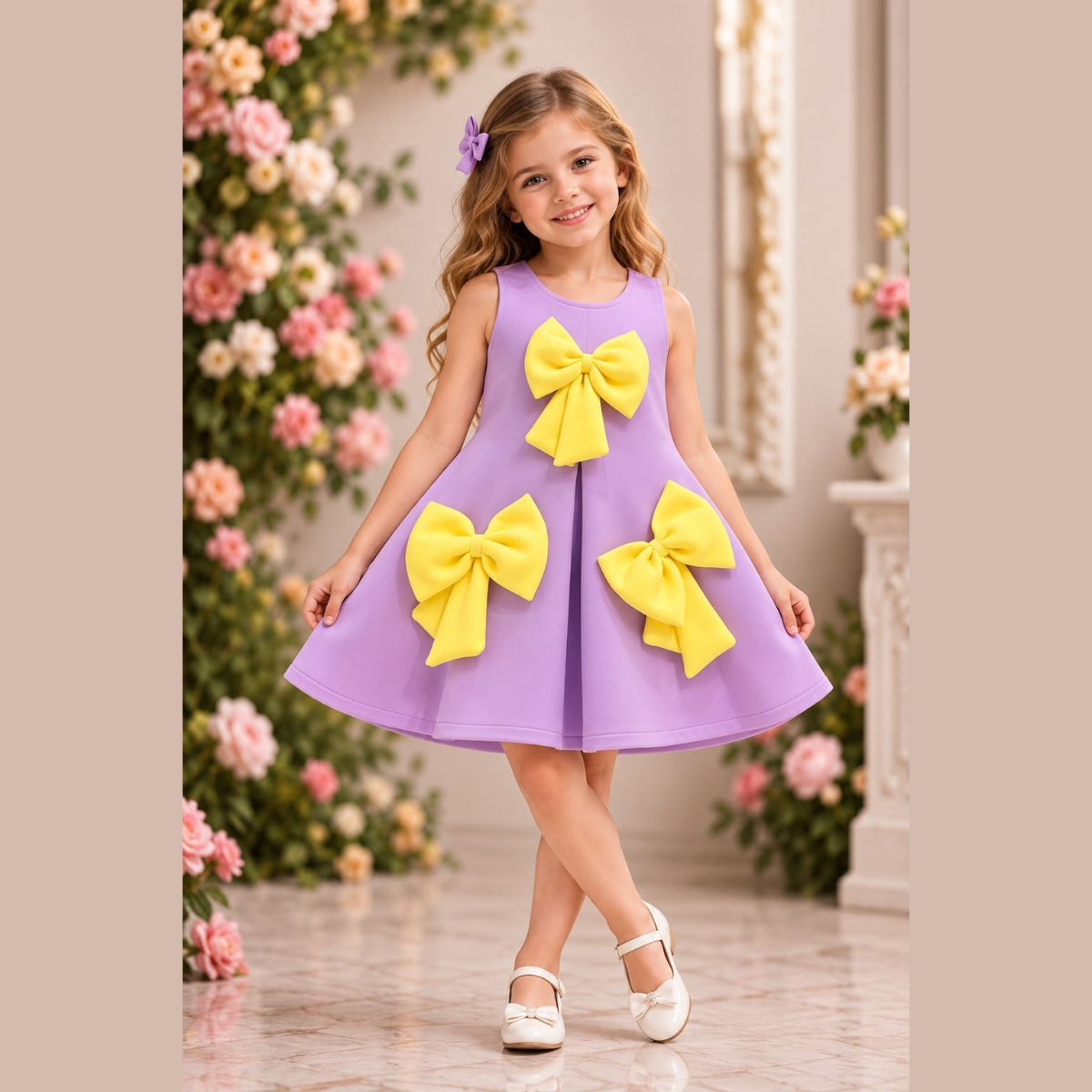 Girls Lavender A-Line Dress with Contrast Yellow Bow Appliques