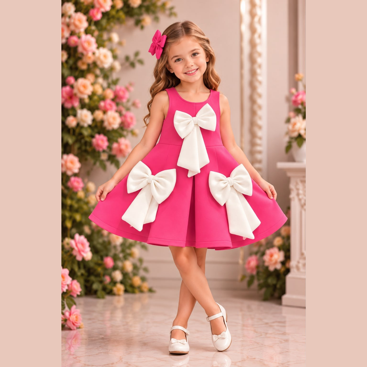Girls Vibrant Magenta Dress with Contrast White 3D Bow Appliques