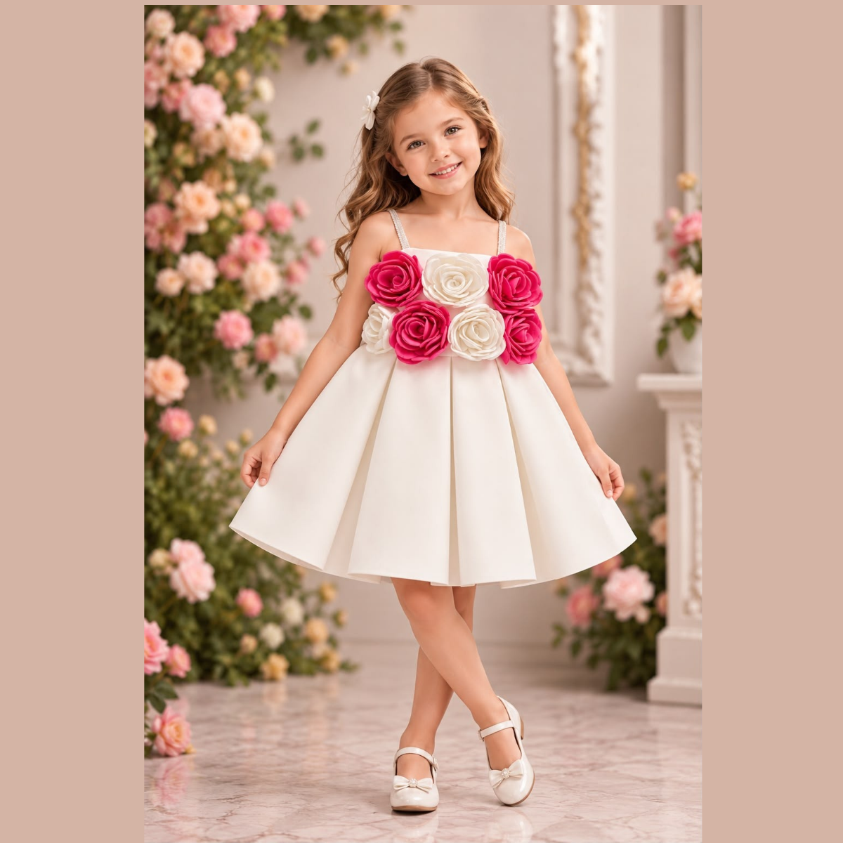 Ivory Rose Garden Tiered Party Frock with Gem Straps