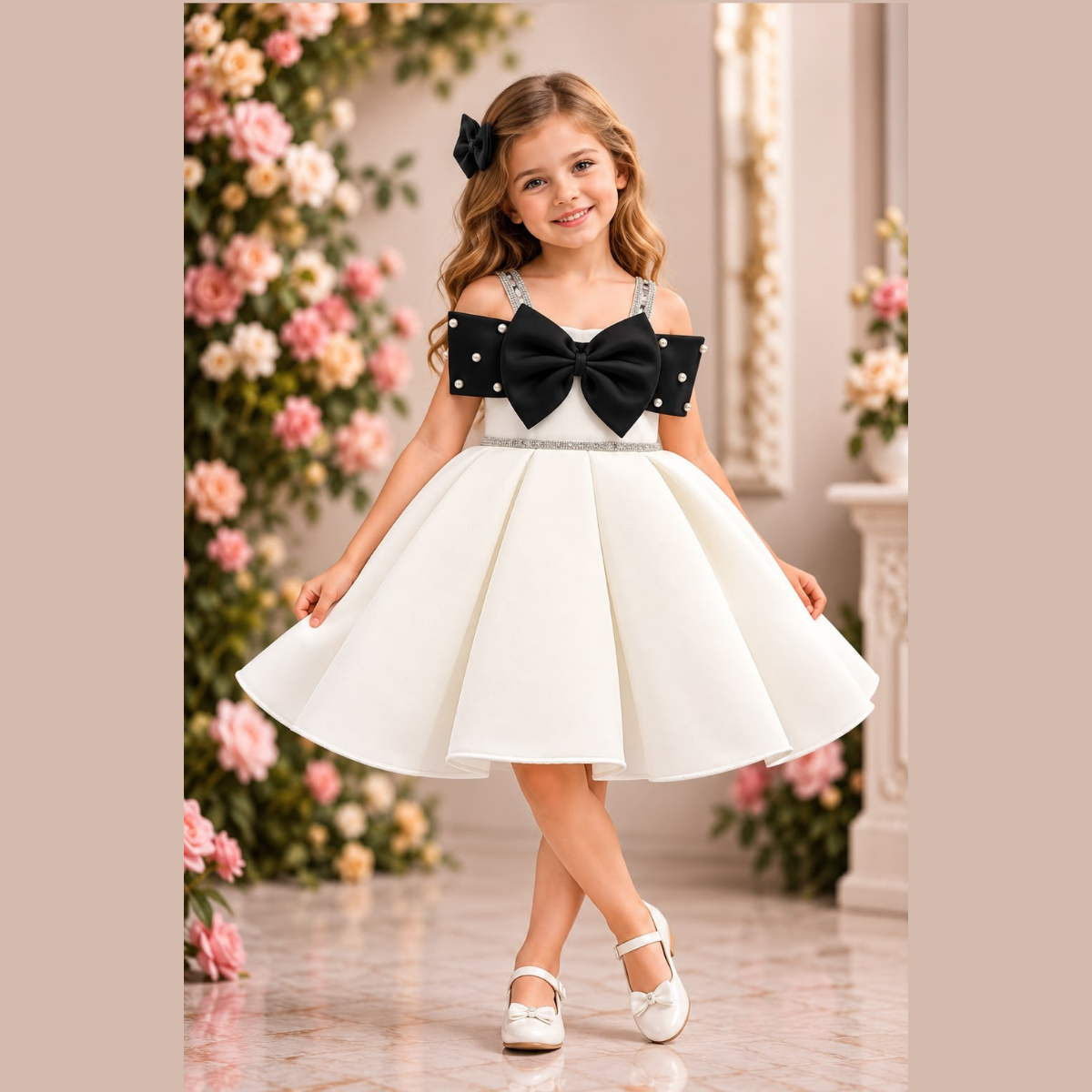 Midnight Chic Ivory Party Frock with Pearl-Accented Black Bow Photo 2