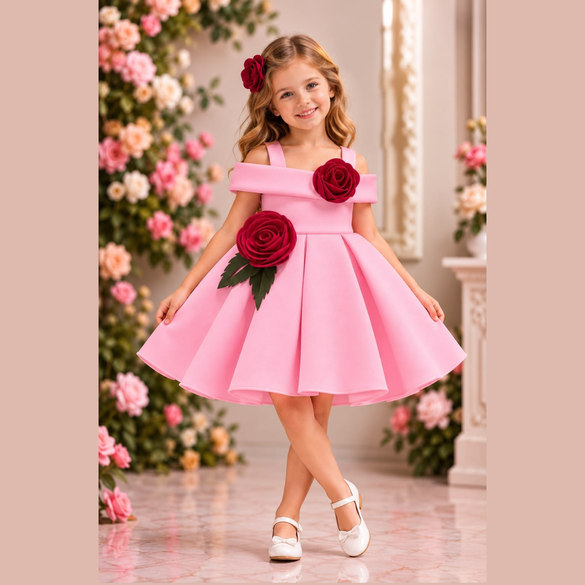 Rosy Blush Off-Shoulder Party Frock with Crimson 3D Roses