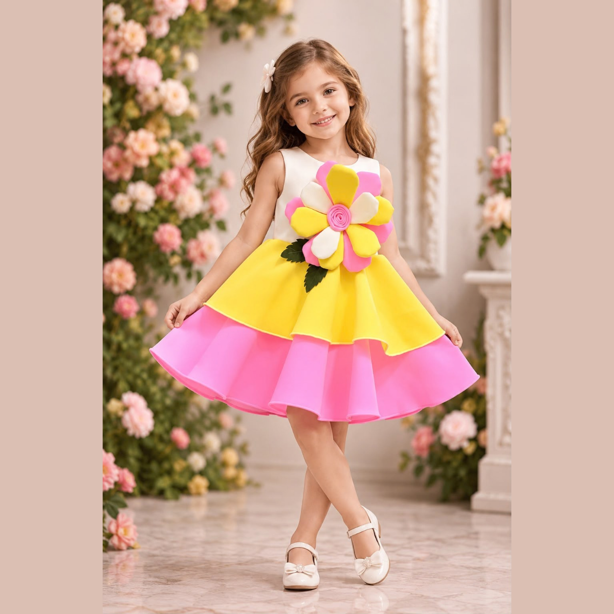 Sunshine Bloom Multi-Tiered Party Frock with 3D Flower Accent