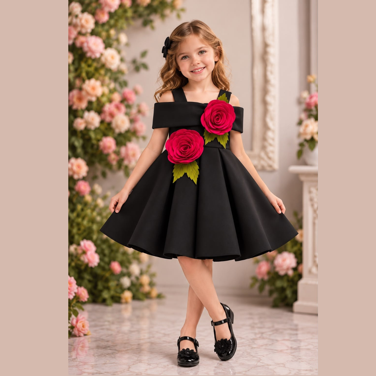 Girls Elegant Black Satin Dress with Red Rose Appliques