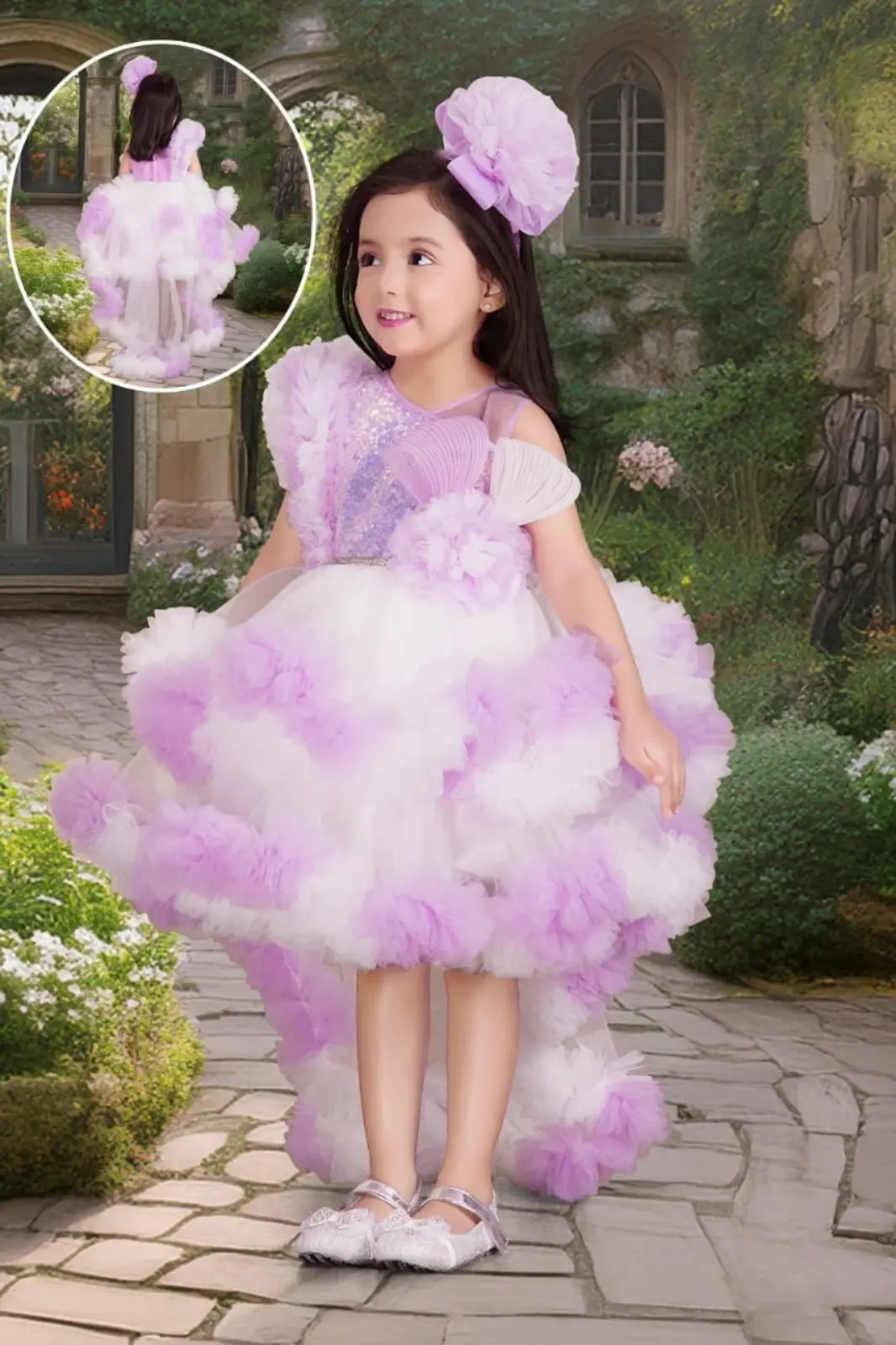 Frock in Soft Plain Net with 3D Flower Embellishment and Layered Ruffle Design for Magical Moments