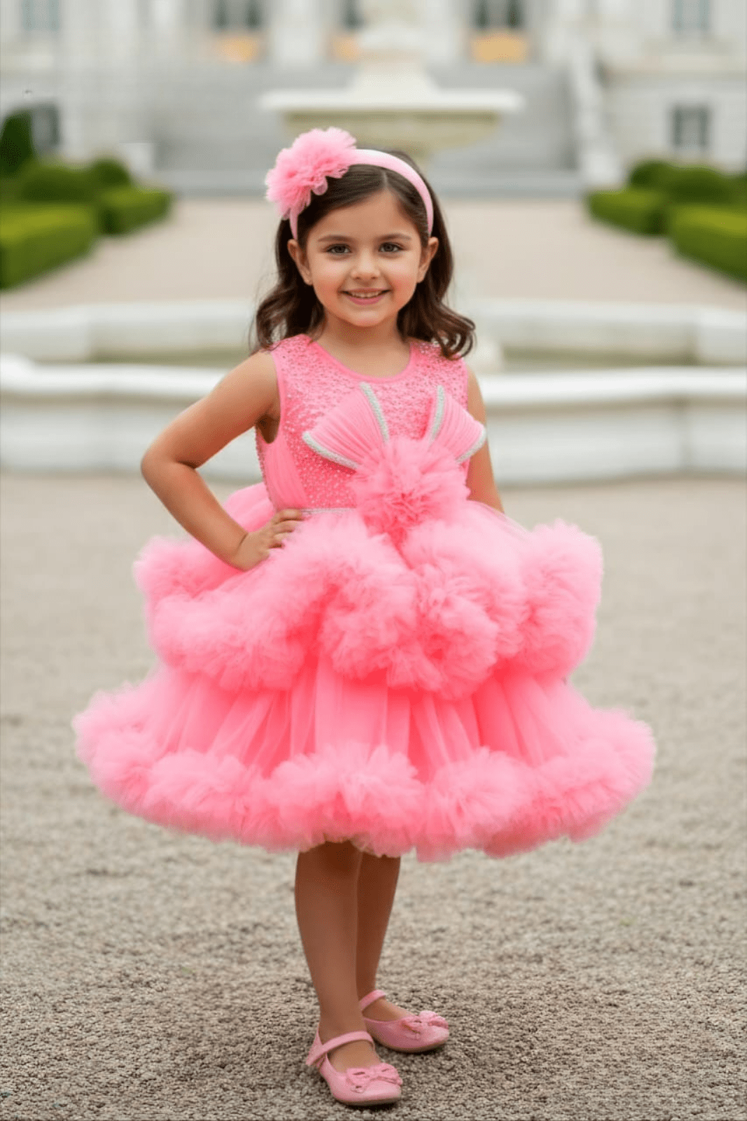 Pink Party Frock with Shoulder Pleats For Girls