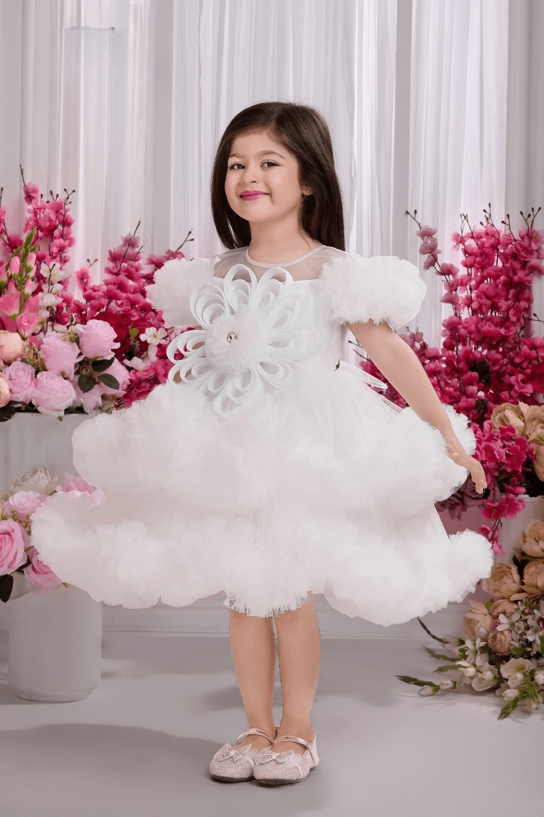 White Floral Applique Princess Gown For Girls