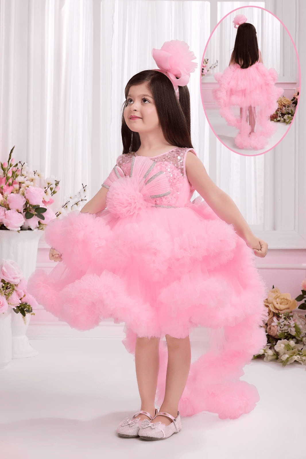 Pink Floral Appliqué Princess Gown For Girls