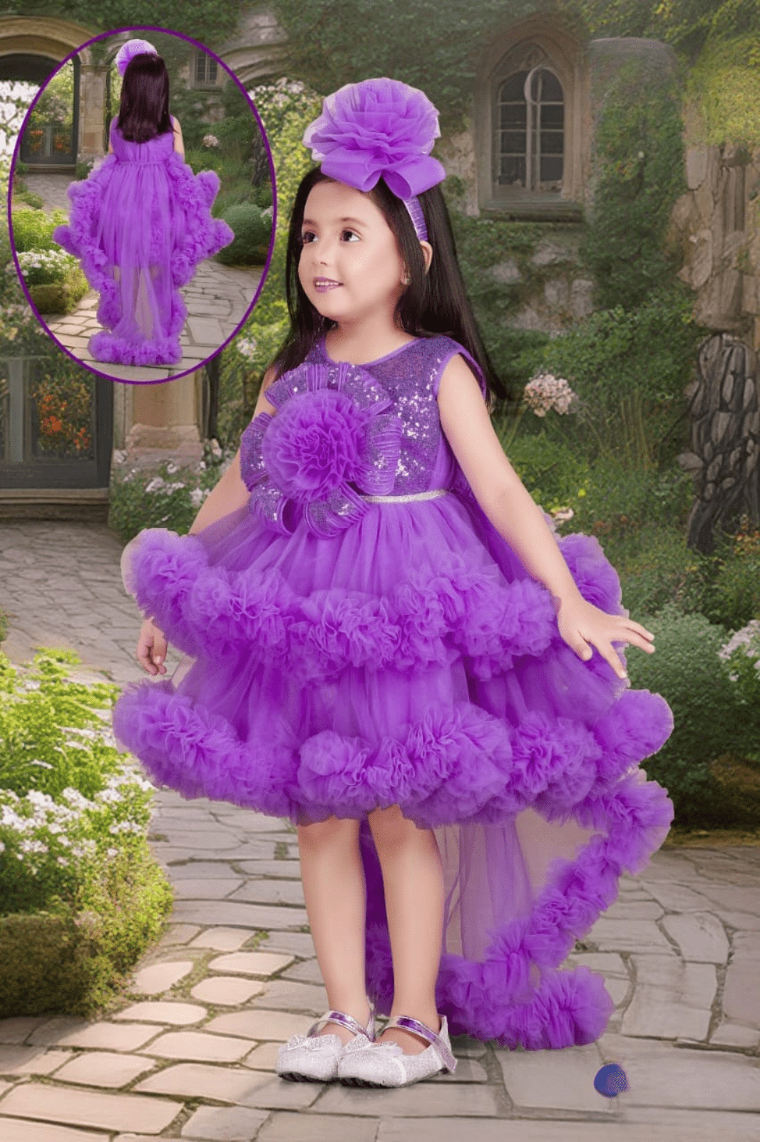 Purple High-Low Party Frock with Floral Embellished