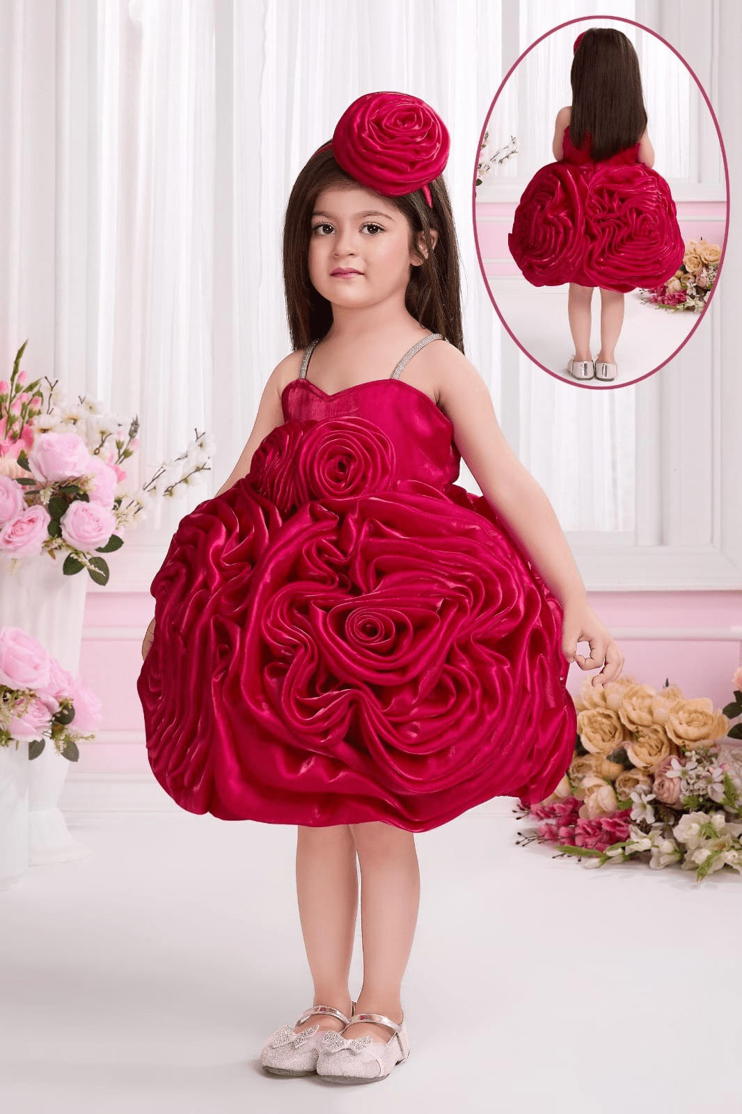 Red Gown With Floral Embellishment For Girls