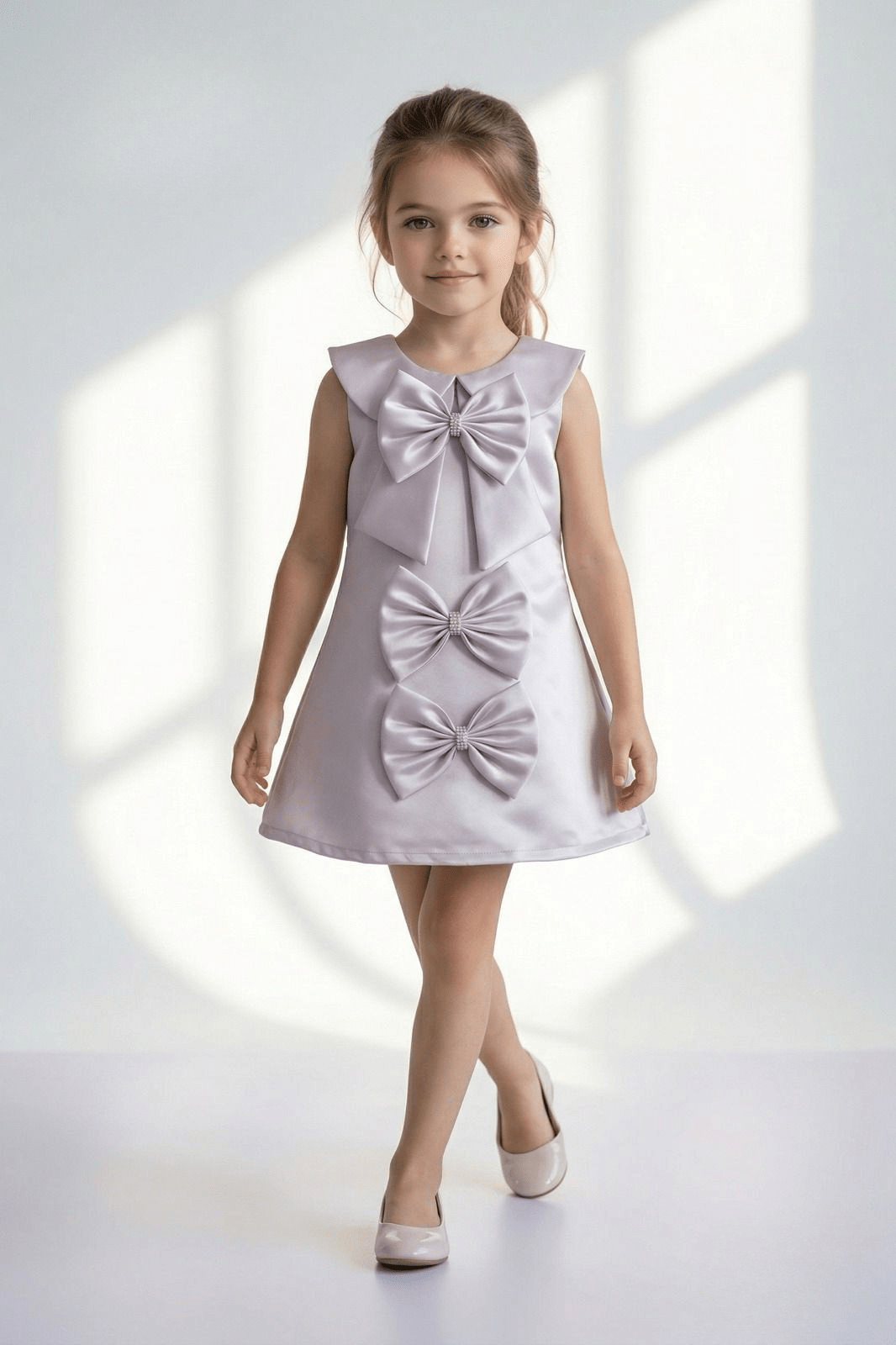 Girls Elegant Grey Satin Bow Party Dress