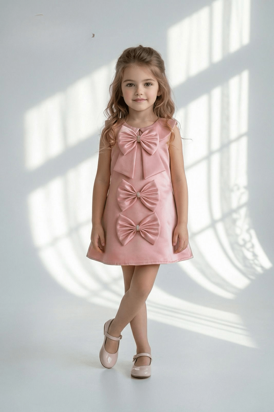 Girls Luxury Pastel Pink Party Dress – Bow & Lace Details