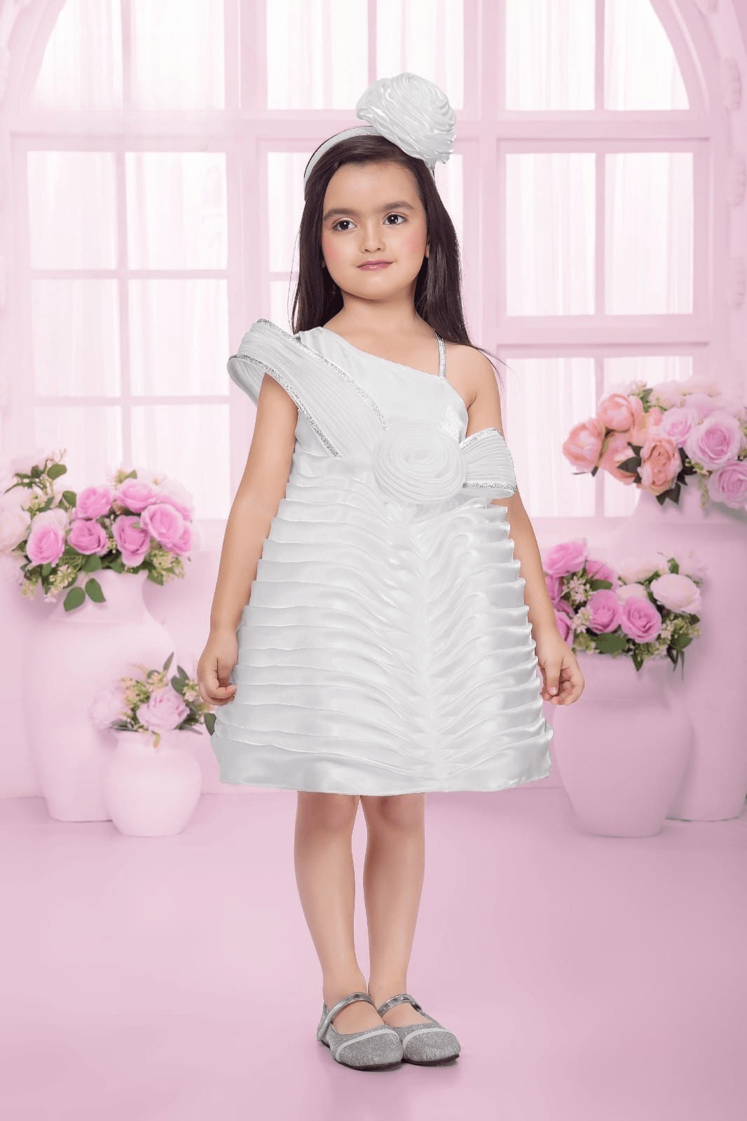 irls Elegant White Party Frock with Floral Bodice & Net Layers