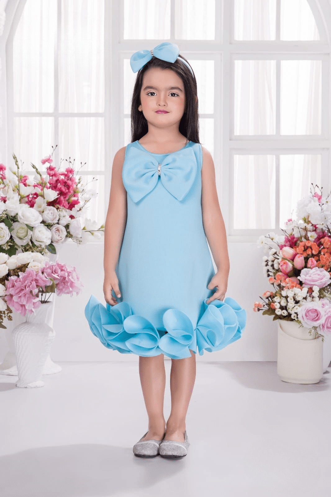 Girls Elegant Sky Blue Party Frock with Statement Satin Bow